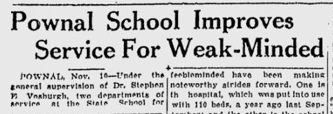 Newspaper clipping from the Lewiston Evening Journal, November 10, 1932 with the headline: "Pownal School Improves Service For Weak-Minded"