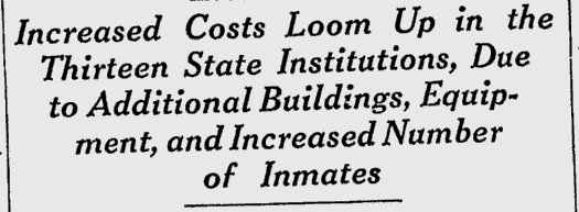 Newspaper clipping from the Lewiston Daily Sun, December 30, 1936 with the headline: "Increased Costs Loom Up in the Thirteen State Institutions, Due to Additional Buildings, Equipment, and Increased Number of Inmates"
