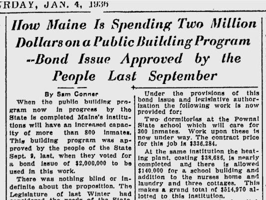 Newspaper clipping from the Lewiston Daily Sun, January 4, 1936 with the headline: "How Maine Is Spending Two Million Dollars on a Public Building Program - Bond Issue Approved by the People Last September"