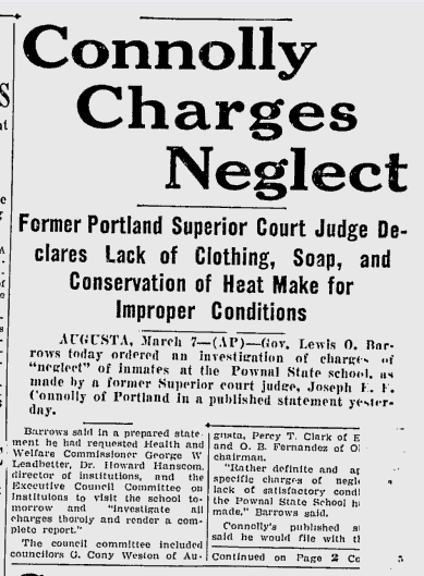 Newspaper clipping from the Lewiston Evening Journal, March 7, 1938 with the headline: "Connolly Charges Neglect – Former Portland Superior Court Judge Declares Lack of Clothing, Soap, and Conservation of Heat Make for Improper Conditions"