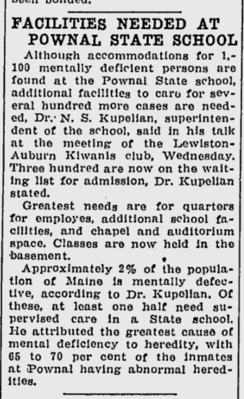 Newspaper clipping from the Lewiston Daily Sun, June 20, 1940 with the headline: "Facilities Needed at Pownal State School"