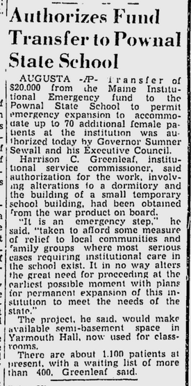 Newspaper clipping from the Lewiston Evening Journal, April 19, 1944 with the headline: "Authorizes Fund Transfer to Pownal State School"