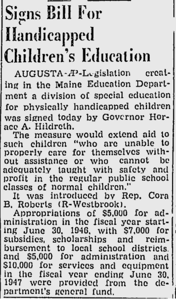 Newspaper clipping from the Lewiston Evening Journal, April 5, 1945 – Headline: Signs Bill For Handicapped Children’s Education.