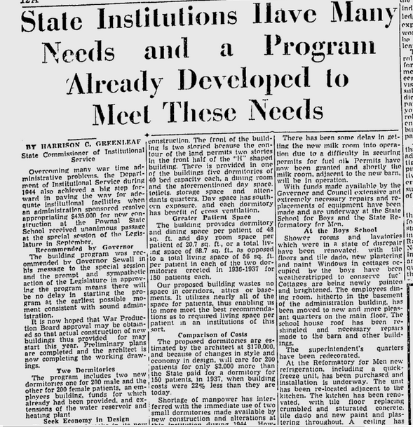 Newspaper clipping from the Lewiston Evening Journal, January 17th, 1945 with the headline: "State Institutions Have Many Needs and a Program Already Developed to Meet These Needs"