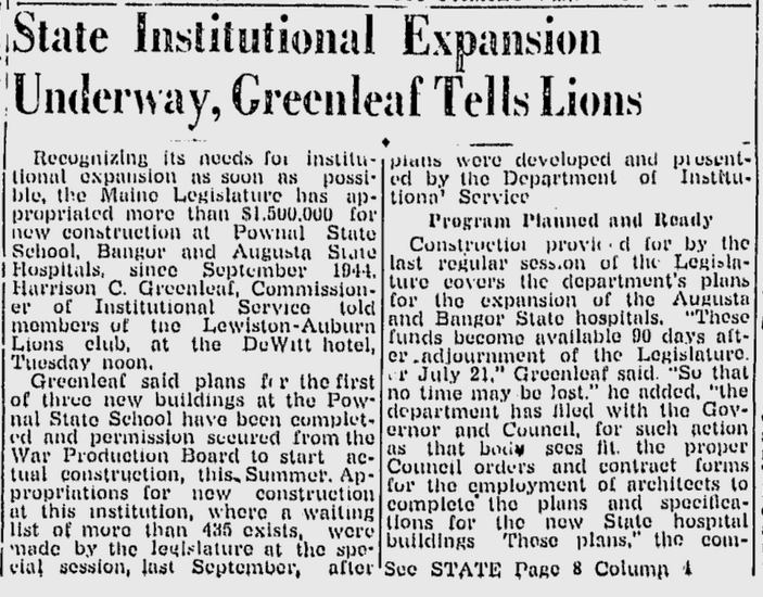 Newspaper clipping from the Lewiston Evening Journal, June 19, 1945 with the headline: "State Institutional Expansion Underway, Greenleaf Tells Lions"