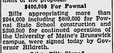 Newspaper clipping from the Lewiston Daily Sun, May 14, 1947 – Headline: $400,000 For Pownal.