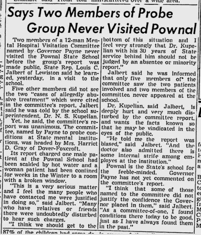 Newspaper clipping from the Lewiston Daily Sun, January 23, 1951 – Headline: Says Two Members of Probe Group Never Visited Pownal