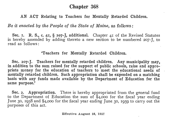 Text of Public Law 1957 Chapter 368 Act Relating to Teachers for Mentally Retarded Children
