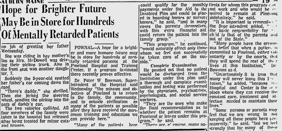 Newspaper clipping from the Lewiston Evening Journal, December 8, 1960 – Headline: Hope for Brighter Future May Be in Store for Hundreds of Mentally Retarded Patients
