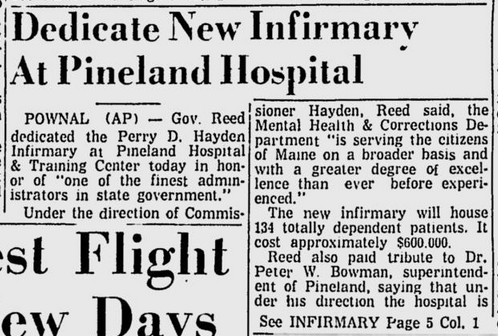 Newspaper clipping from the Lewiston Evening Journal, October 16, 1961 – Headline: Dedicate New Infirmary At Pineland Hospital
