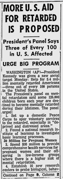 Newspaper clipping from the Lewiston Daily Sun, October 16, 1962 – Headline: More U.S. Aid For Retarded Is Proposed – President’s Panel Says Three of Every 100 in U.S. Affected – Urge Big Program