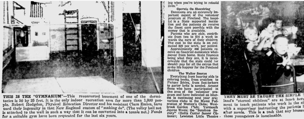 Newspaper clipping from the Lewiston Evening Journal, February 2, 1963 – Black and white photo of basement room with mats on cement floor, ladder on wall