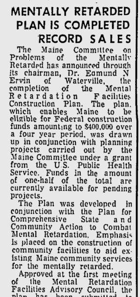 Newspaper clipping from the Lewiston Daily Sun, June 20, 1966 – Headline: Mentally Retarded Plan is Completed Record Sales