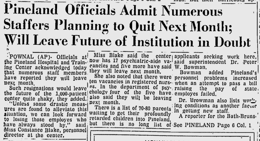 Newspaper clipping from the Lewiston Evening Journal, August 14, 1967 – Headline: Pineland Officials Admit Numerous Staffers Planning to Quit Next Month; Will Leave Future of Institution in Doubt