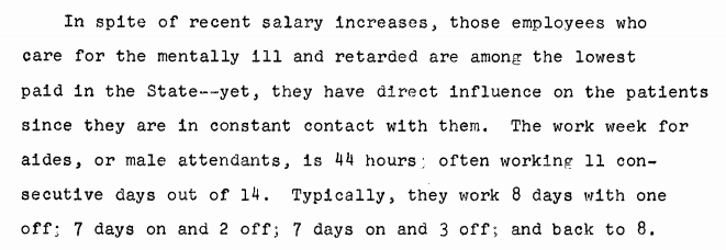 Text: In spite of recent salary increases, those employees who care for the mentally 111 and retarded are among the lowest paid in the State--yet, they have direct influence on the patients since they are in constant contact with them. The work week for aides, or male attendants, is 44 hours: often working ll consecutive days out of 14. Typically, they work 8 days with one off; 7 days on and 2 off; 7 days on and 3 off; and back to 8.