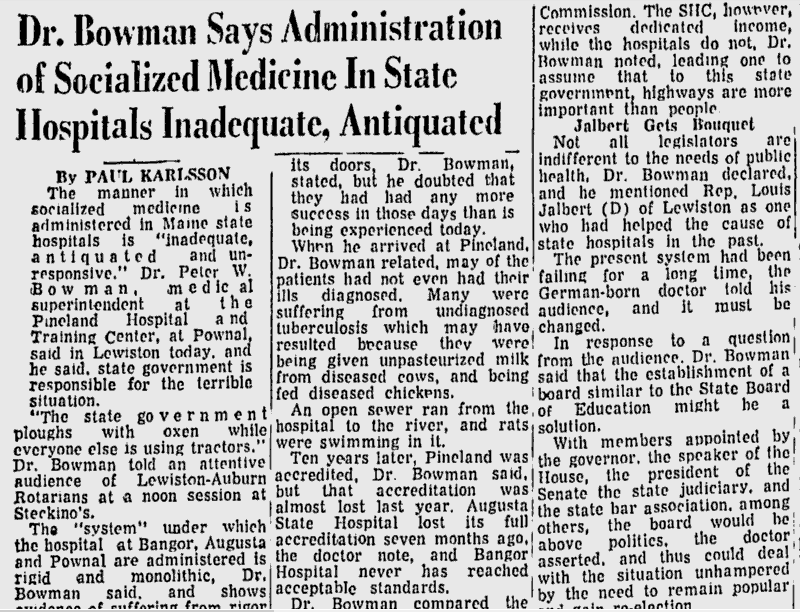 Newspaper clipping from the Lewiston Evening Journal, May 15, 1970 – Headline: Dr. Bowman Says Administration of Socialized Medicine In State Hospitals Inadequate, Antiquated