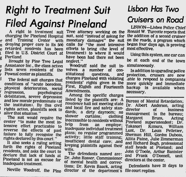 Newspaper clipping from the Lewiston Daily Sun, July 7, 1975 – Headline: Right to Treatment Suit Filed Against Pineland