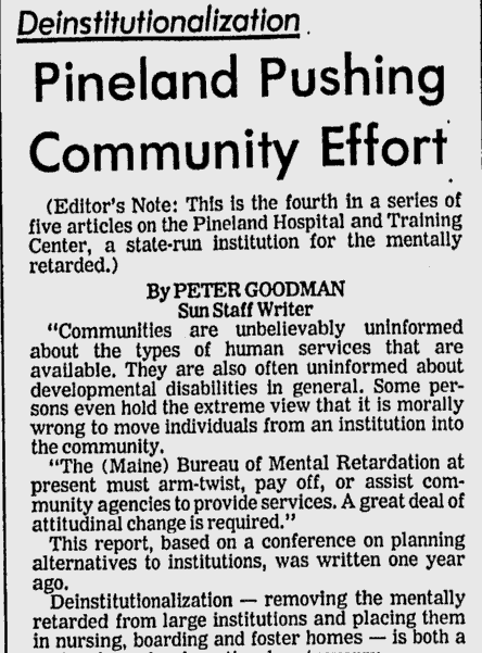 Newspaper clipping from the Lewiston Daily Sun, May 12, 1975 – Headline: Deinstitutionalization – Pineland Pushing Community Effort