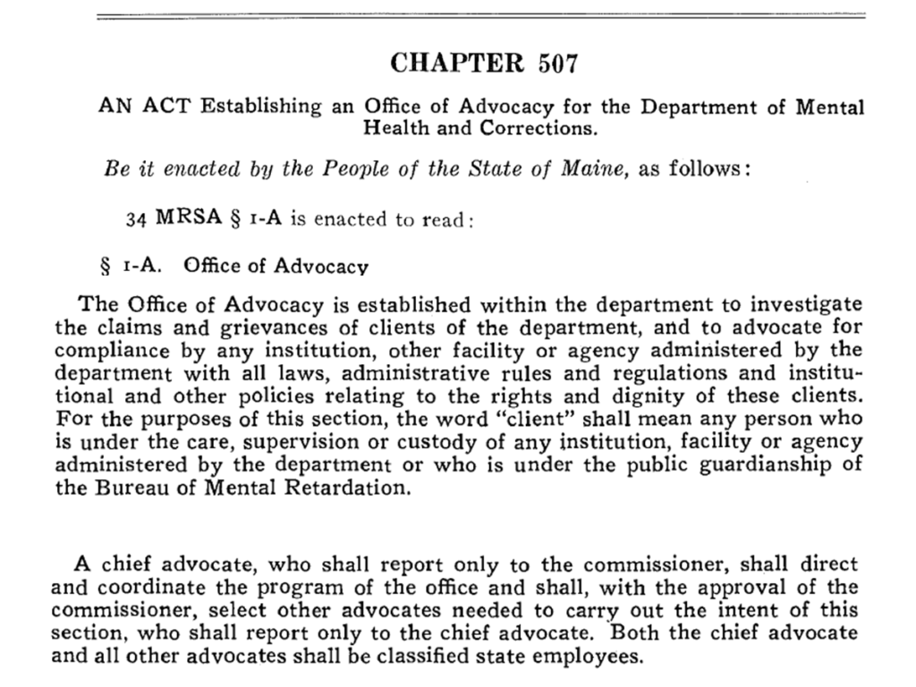 Text of 1975 Public Law Ch. 507 Establishing an Office of Advocacy for the Department of Mental Health and Corrections