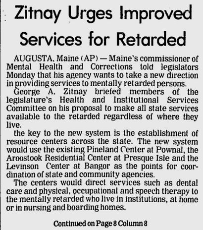 Newspaper clipping from the Lewiston Daily Sun, November 23, 1976 – Headline: Zitnay Urges Improved Services for Retarded