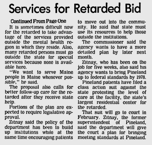 Newspaper clipping from the Lewiston Daily Sun, November 23, 1976, continued – Headline: Services for Retarded Bid Continued From Page One