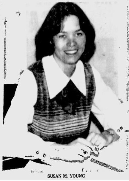 Photo from the Lewiston Evening Journal, March 25, 1977 – Photo of a young woman sitting at a desk and smiling, with the caption: Susan M. Young