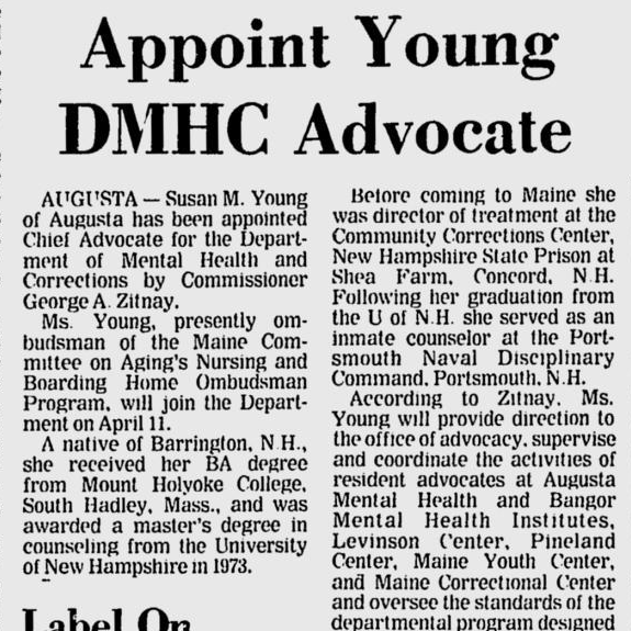 Newspaper clipping from the Lewiston Evening Journal, March 25, 1977, page 1 – Headline: Appoint Young DMHC Advocate