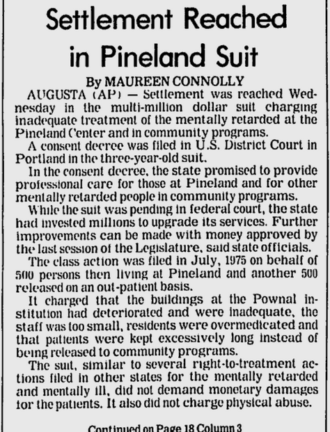 Newspaper clipping from the Lewiston Daily Sun, July 6, 1978 – Headline: Settlement Reached in Pineland Suit