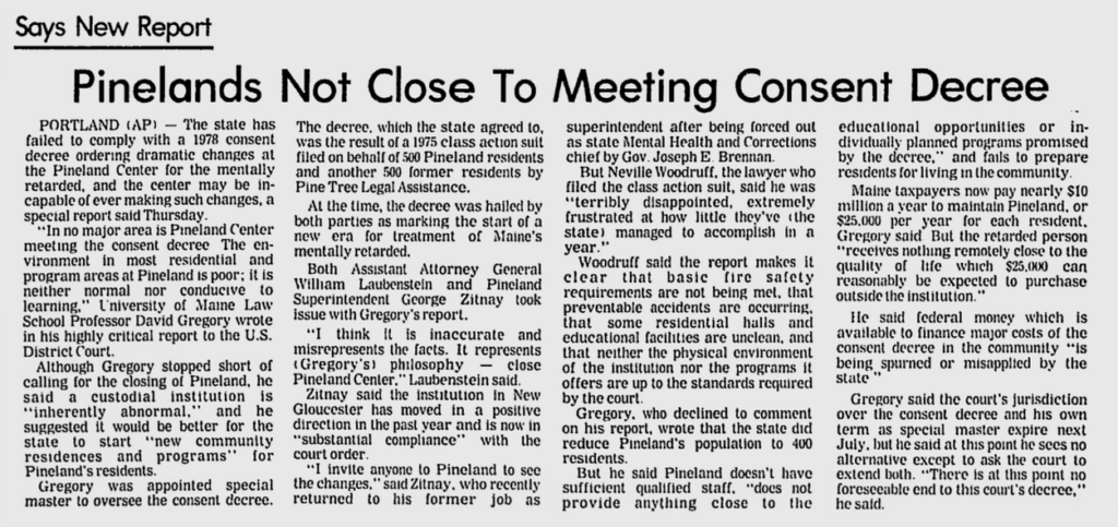 Newspaper clipping from the Lewiston Daily Sun, November 16, 1979 – Headline: Says New Report – Pinelands Not Close to Meeting Consent Decree