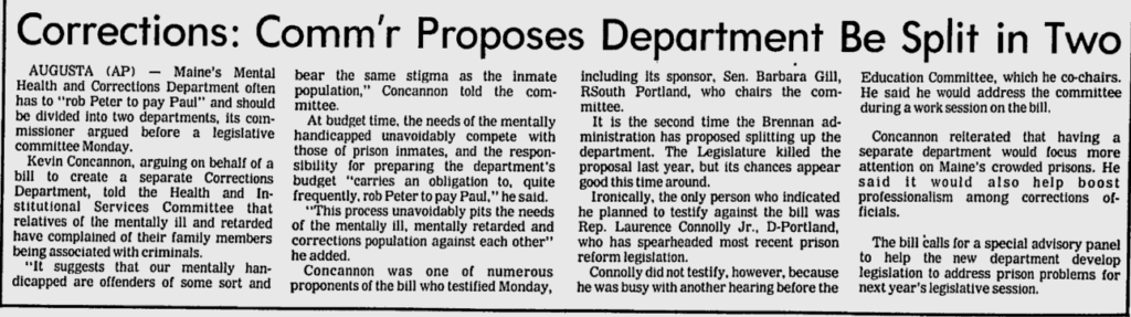 Newspaper clipping from the Lewiston Daily Sun, March 31, 1981 – Headline: Corrections: Comm’r Proposes Department Be Split in Two