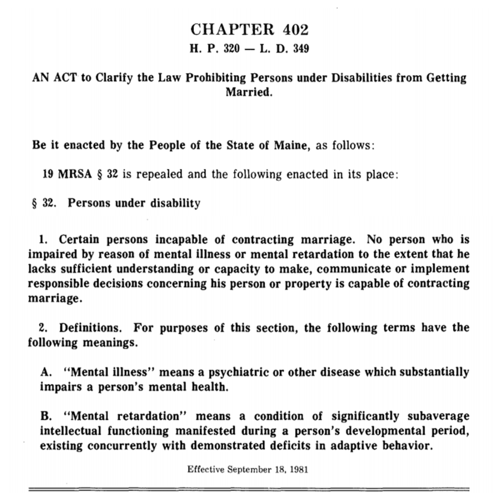 Text of 1981 Public Law Chapter 402 - An Act to Clarify the Law Prohibiting Persons under Disabilities from Getting Married