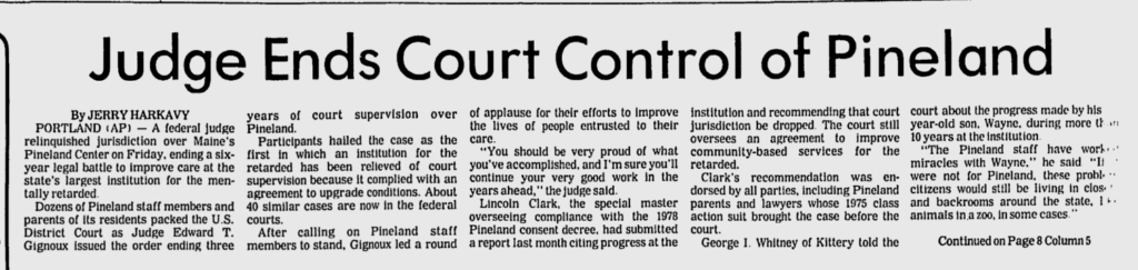 Newspaper clipping of the Lewiston Daily Sun, September 19, 1981 – Headline: Judge Ends Court Control of Pineland