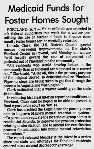 Newspaper clipping from the Lewiston Daily Sun, August 31, 1982 – Headline: Medicaid Funds for Foster Homes Sought
