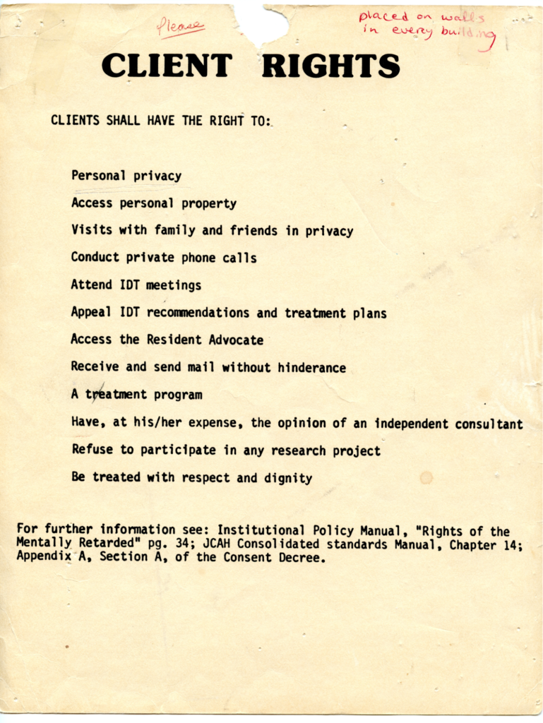 Yellowed paper with staple holes and tape marks at top, titled "Client Rights" and listing the rights that clients have, including privacy, personal property, and access to advocates