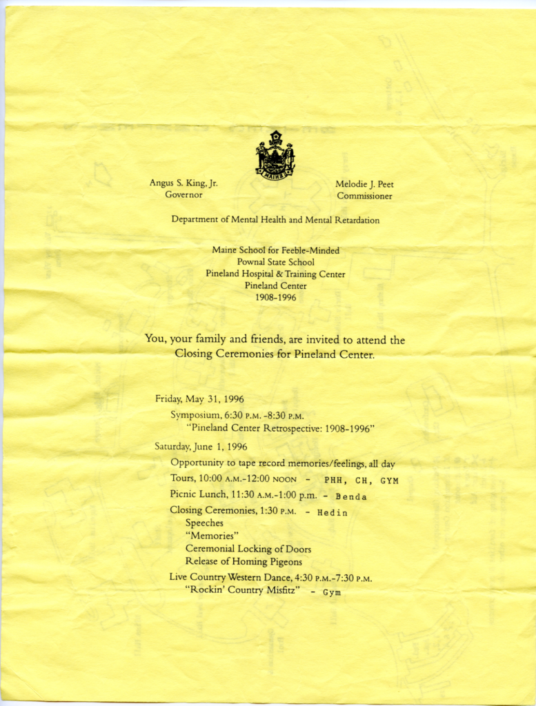 Yellow sheet of paper detailing the schedule of the Pineland Closing Ceremonies