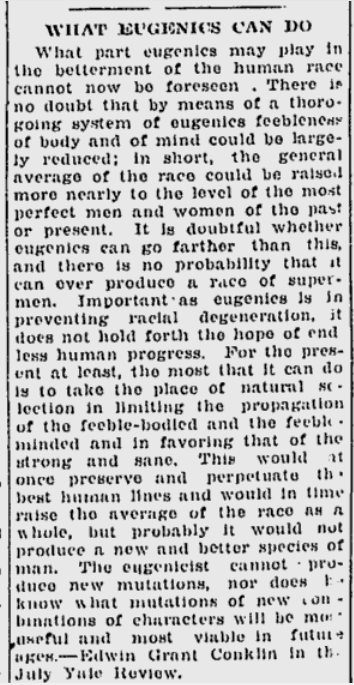 Clipping from the Lewiston Evening Journal, August 29, 1922 with the headline: "What Eugenics Can Do"