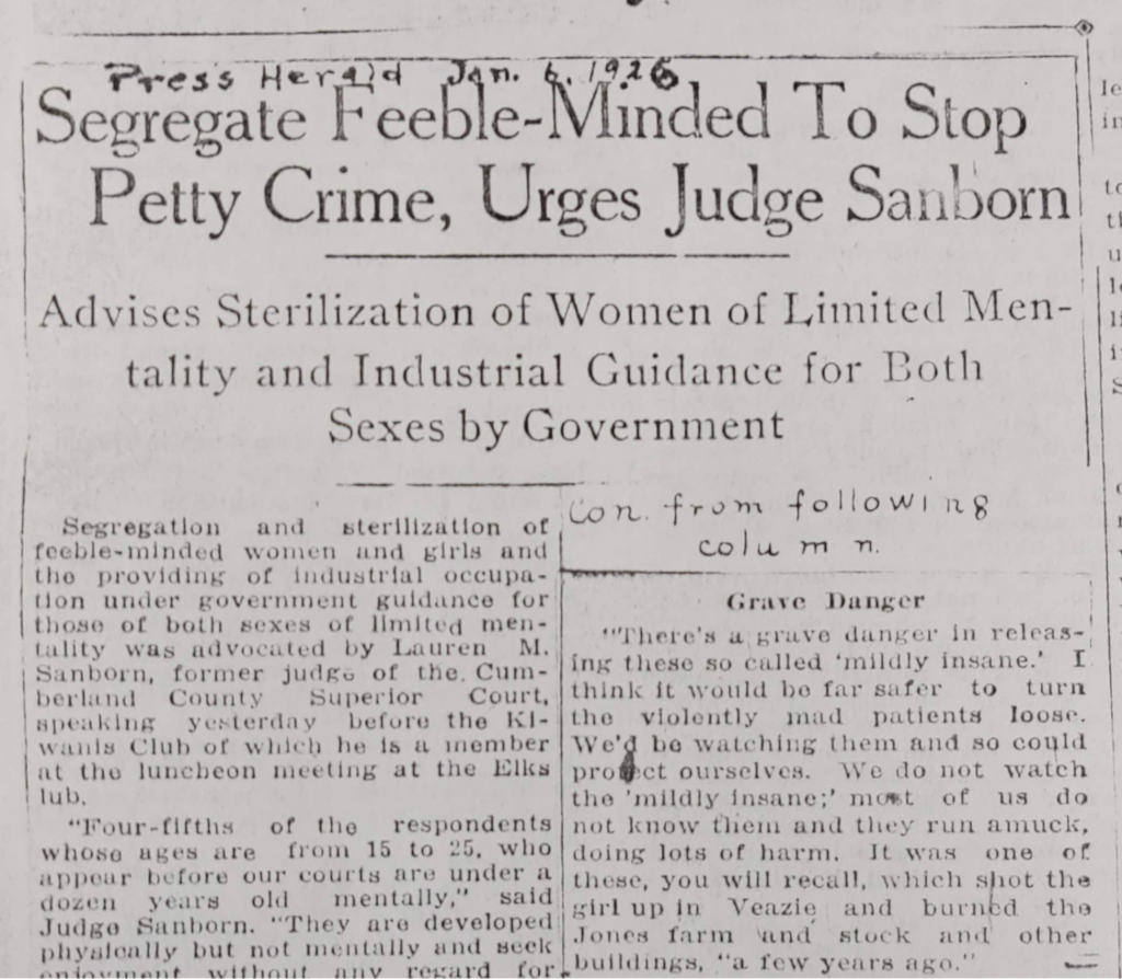Newspaper clipping from the Portland Press Herald, January 6, 1926, with the headline: "Segregate Feeble-Minded To Stop Petty Crime, Urges Judge Sanborn – Advises Sterilization of Women of Limited Mentality and Industrial Guidance for Both Sexes by Government"