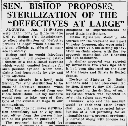 Newspaper clipping from the Lewiston Daily Sun, January 25, 1941 with the headline: "Sen. Bishop Proposes Sterilization of the “Defectives at Large”."
