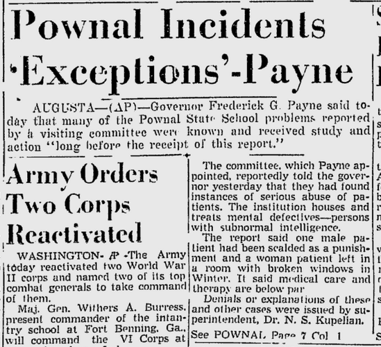 Newspaper clipping from the Lewiston Evening Journal, January 10, 1951 – Headline: Pownal Incidents ‘Exceptions’ – Payne