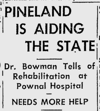 Newspaper clipping from the Lewiston Daily Sun, February 16, 1961, page 1 – Headline: Pineland Is Aiding The State – Dr. Bowman Tells of Rehabilitation at Pownal Hospital – Needs More Help