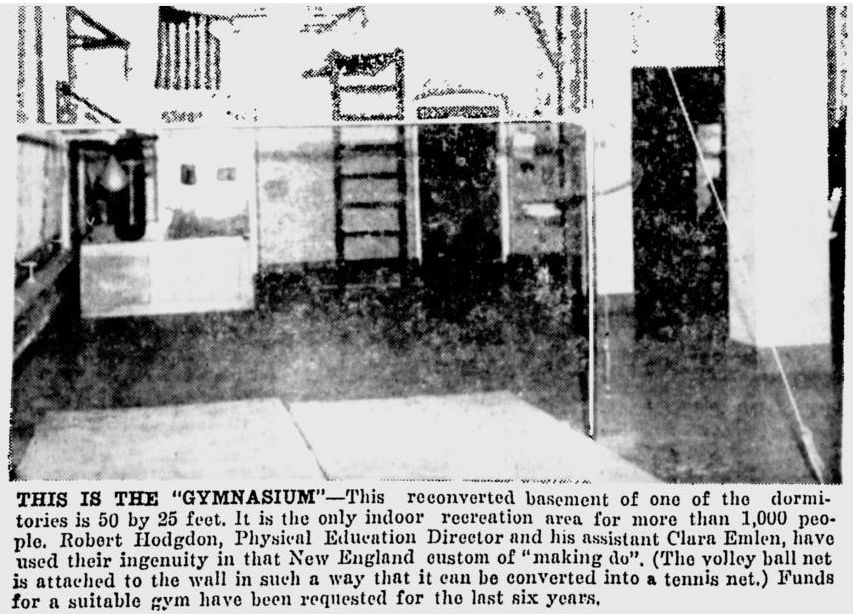 Newspaper clipping from the Lewiston Evening Journal, February 2, 1963 – Black and white photo of basement room with mats on cement floor, ladder on wall
