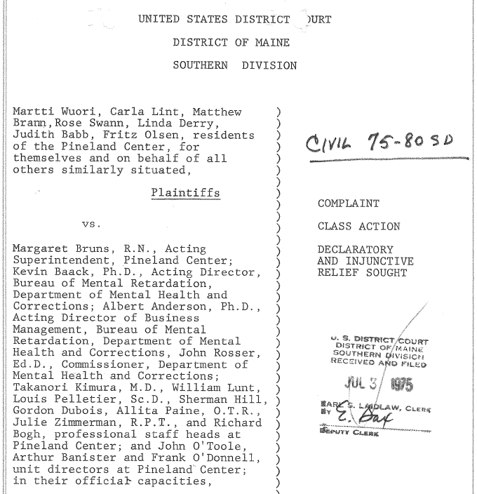 First page of the Wuori v Bruns complaint, filed July 3, 1975 in the U.S. District Court, Southern Maine Division